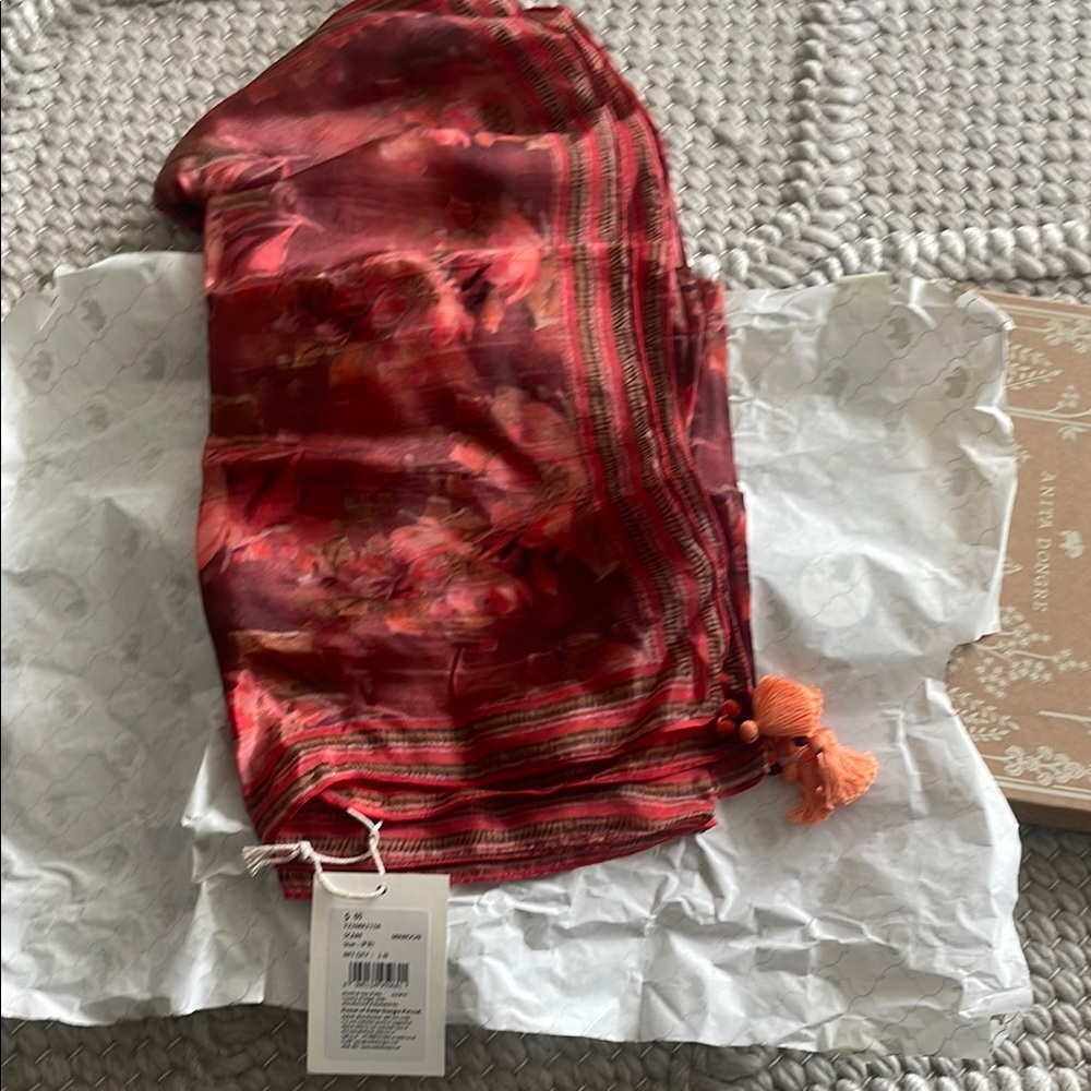 Anita Dongre Red Floral Scarf with Tassels
